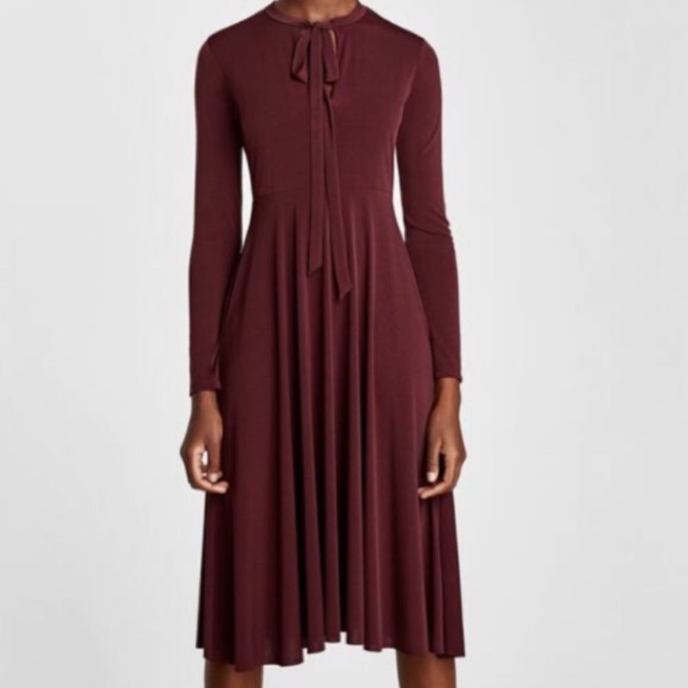 NWT ZARA W/B Oxblood Burgundy Pussybow Long Sleeve Midi Dress Fall & Winter! Sm